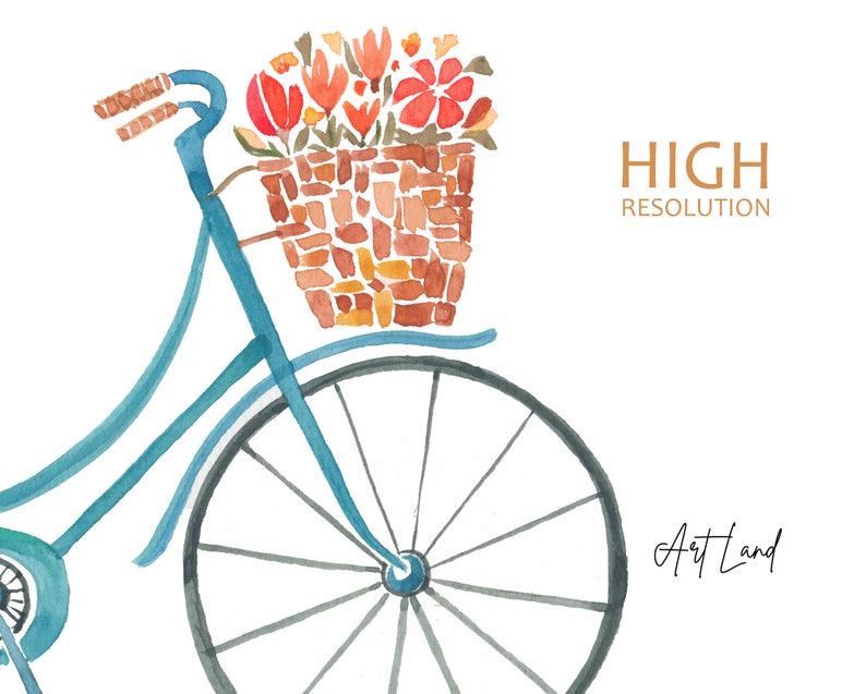 May include: A watercolor painting of a blue bicycle with a basket full of red, orange, and yellow flowers. The bicycle has a single large wheel in the foreground. The text "HIGH RESOLUTION" is written in brown text above the bicycle and the text "Art Land" is written in black text below the bicycle.