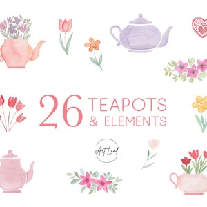 Watercolor Teapot Clipart: 26 Hand-Painted Floral Elements (PNG, Digital Download, Free Commercial Use, No-AI)