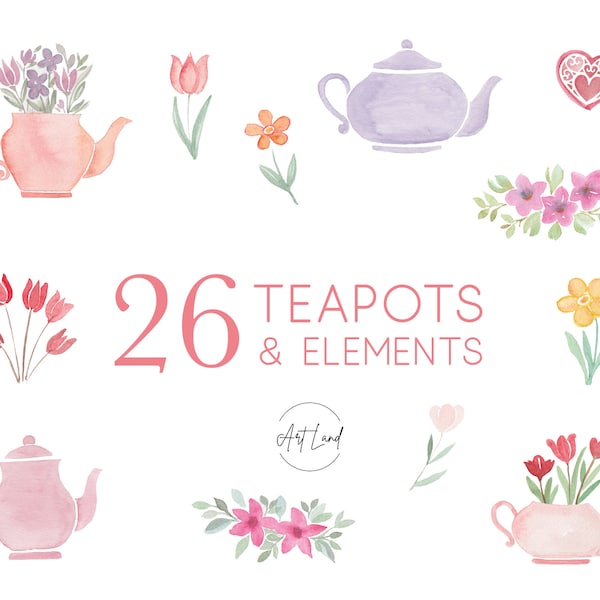 Watercolor Teapot Clipart, Watercolor Tea pot Clip Art, Watercolour Clip Art Digital, Spring Flowers Tulips, Teapots Bouquets Clipart, PNG