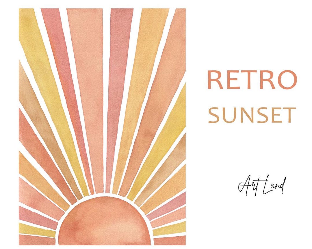Watercolor Retro Sun Clipart: Hand-painted Vintage Sunset Illustration ...