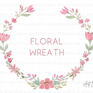 Watercolor Pink Floral Heart Wreath Clipart, Hand Painted Flower Wreath Frame, Wedding Invitation Design, DIY Projects, Cards, Nursery Decor