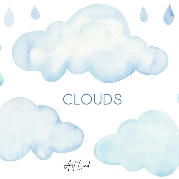 Wolken Aquarell Clip Art Set, handbemalt Wolken Regen Tropfen Aquarell Clipart, Aquarell set Clipart, Clip Art, PNG