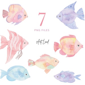 May include: Seven watercolor illustrations of colorful fish. The fish are in various shades of pink, blue, and yellow. The illustrations are perfect for adding a touch of whimsy to any project.