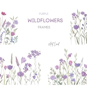 Watercolor Purple Wildflowers Borders, Botanical floral, Lilac Wild flowers Watercolour Clip Art Digital Download, Free Commercial Use, PNG