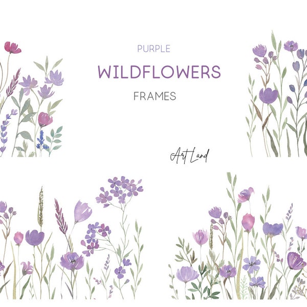 Watercolor Purple Wildflowers Borders, Botanical floral, Lilac Wild flowers Watercolour Clip Art Digital Download, Free Commercial Use, PNG