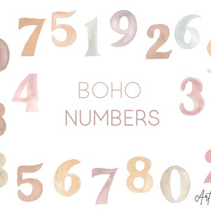 Números de aquarela, Boho Numbers Clipart, Clip art Party Invitation, Marcos do bebê, Meses do bebê, Clipart de aquarela pintado à mão, PNG