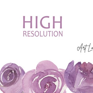 May include: A digital illustration of purple watercolor flowers with the text "HIGH RESOLUTION" and "Art Land" in the upper right corner.