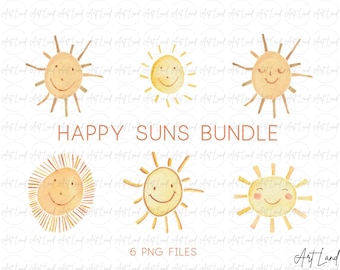 May include: A collection of six watercolor sun illustrations with smiling faces and radiating lines. The text "HAPPY SUNS BUNDLE" is displayed in a warm brown color, along with the text "6 PNG FILES". The illustrations are in shades of yellow and orange.