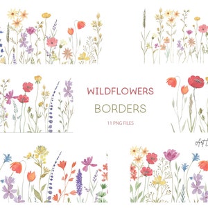 Watercolor Wildflowers Borders clipart, Botanical floral, Wild flowers Watercolour Clip Art Digital Download, Free Commercial Use, PNG