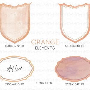 Puede incluir: Cuatro ilustraciones de acuarela de escudos y pancartas naranjas con ribetes dorados. Los escudos y pancartas son perfectos para agregar un toque de elegancia a tus diseños. Las ilustraciones están disponibles en formato PNG y tienen 1500x1772 píxeles, 6816x8048 píxeles, 7256x4716 píxeles y 2379x1542 píxeles.