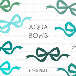 Watercolor Aqua Bows Clipart: 8 Hand-Painted Ribbons (PNG, Digital Download, Free Commercial Use)