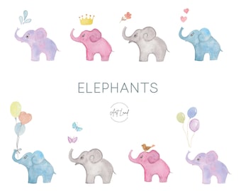 Könnte beinhalten: Aquarell-Illustration von neun Elefanten in verschiedenen Farben, darunter rosa, blau, lila und grau. Jeder Elefant hat ein einzigartiges Detail, wie eine Krone, eine Blume, Ballons oder Schmetterlinge. Der Text "ELEPHANTS" ist in einer verspielten Schrift geschrieben.
