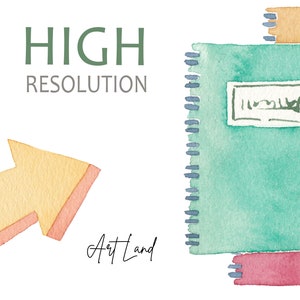 May include: A watercolor illustration of a notebook with a blue cover and a yellow spine. The notebook has a label on the front that says "Art Land". The text "HIGH RESOLUTION" is written in green above the notebook. A yellow arrow points to the notebook.