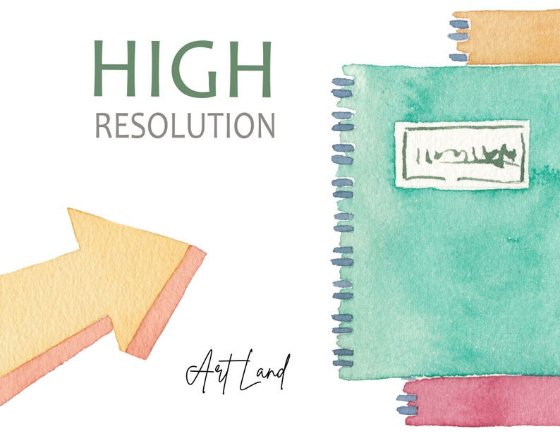 May include: A watercolor illustration of a notebook with a blue cover and a yellow spine. The notebook has a label on the front that says "Art Land". The text "HIGH RESOLUTION" is written in green above the notebook. A yellow arrow points to the notebook.