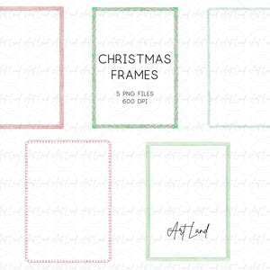 May include: Five digital frames with a Christmas theme. The frames are in pink, green, and white with a dotted pattern. The frames are transparent and can be used for digital scrapbooking, invitations, or other digital projects. The text "CHRISTMAS FRAMES" and "5 PNG FILES 600 DPI" is included in the image.