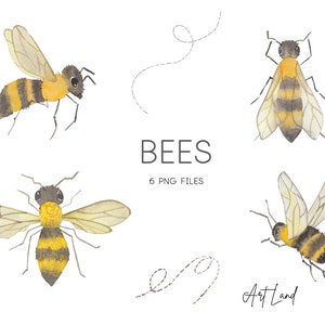 May include: Six watercolor illustrations of bees with yellow and black stripes and brown wings. The bees are in various poses, including flying, hovering, and landing. The text "BEES" and "6 PNG FILES" is written in black below the bees. The text "Art Land" is written in black at the bottom right corner of the image.