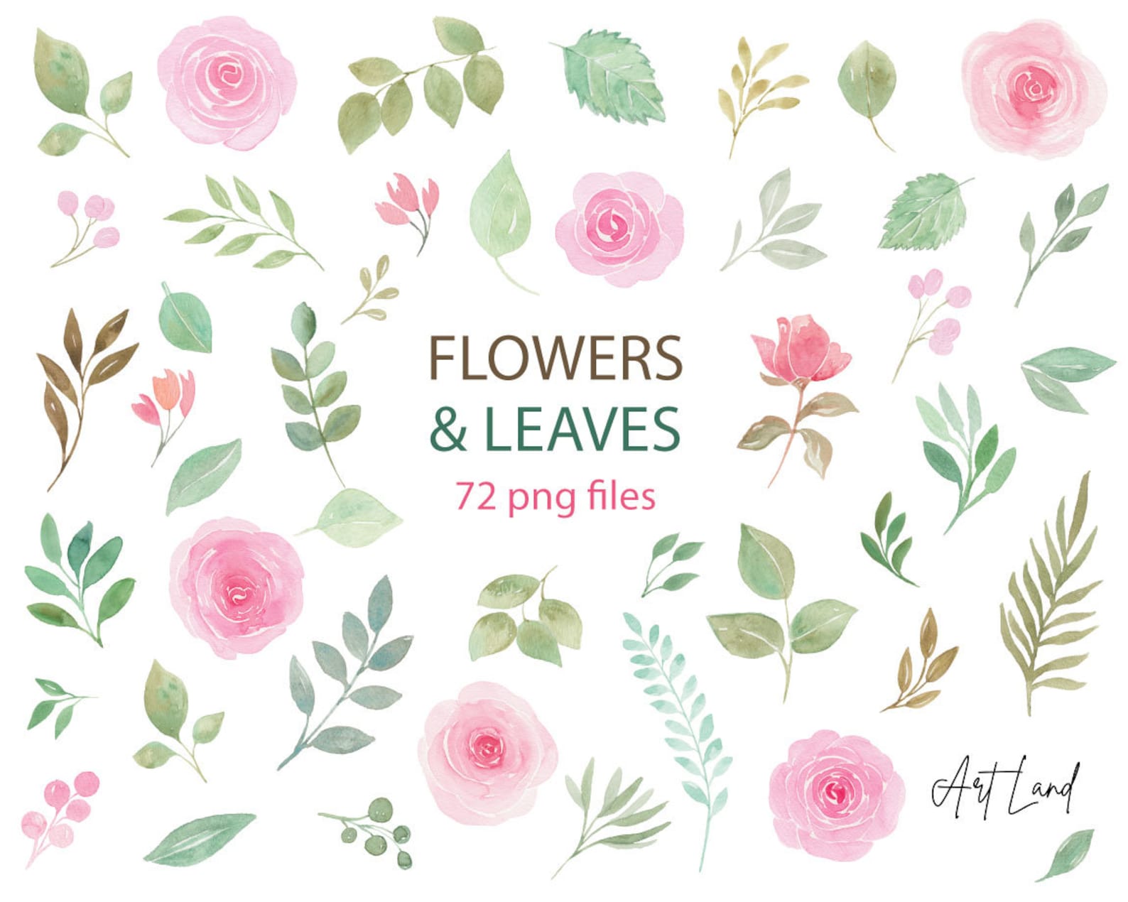 Watercolor Pink Roses and Leaves Clipart, Watercolour Clip Art Digital ...