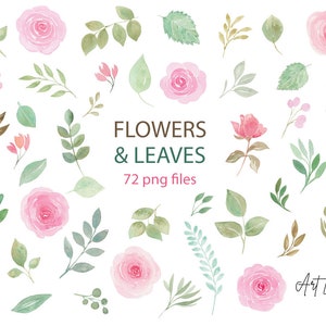 Aquarell rosa Rosen und Blätter Clipart, Aquarell Clip Art Digital Download kostenlose kommerzielle Nutzung PNG, Clipart-Set rosa Rose