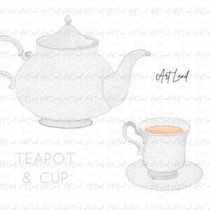 May include: A watercolour illustration of a white teapot and teacup. The teapot has a round body and a spout. The teacup has a handle and a saucer. The text "TEAPOT & CUP" is written below the image. The text "Art Land" is written in the top right corner of the image.