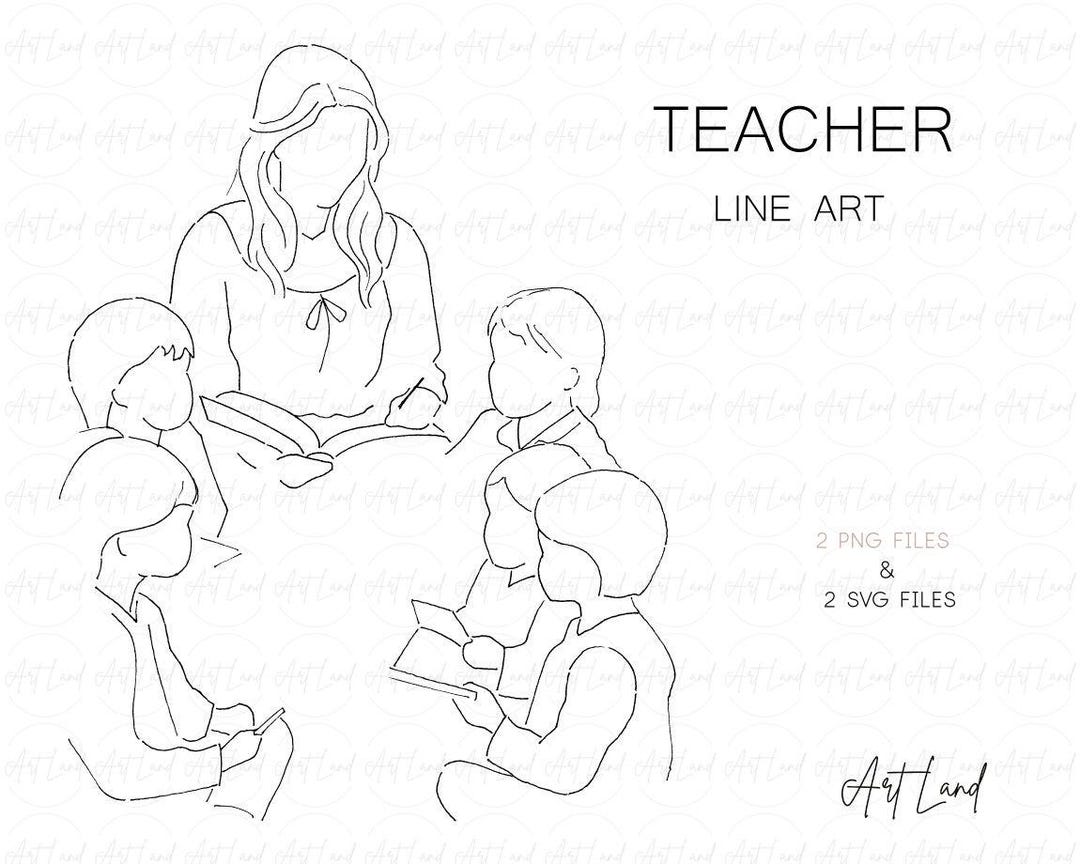 Line Art Teacher With Students Clipart – 2 PNG & 2 SVG, Minimalist ...