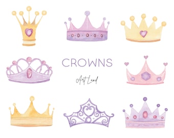 Watercolor Pink & Purple Crowns Clipart: 11 Hand-Painted Elements (PNG, Digital Download, Free Commercial Use, No-AI)
