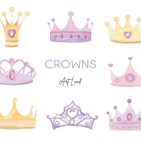 Watercolor Crowns, hand painted watercolour digital crown, Purple Lilac Yellow, Watercolor Crowns Clip Art, Princess Crown, PNG