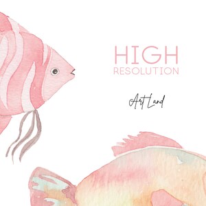 May include: Two watercolor paintings of fish. The fish on the left is pink with white stripes and has a long, flowing tail. The fish on the right is a light orange color with a green and blue tail. The text "HIGH RESOLUTION" and "Art Land" is written in pink and black text.