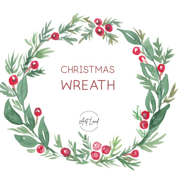 Christmas Wreath Clipart, Watercolor Winter Clipart, Holiday Clipart, Watercolor Clip Art Digital, Download Free Commercial Use, PNG