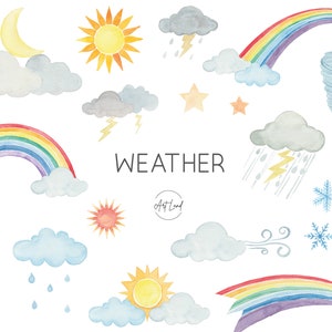 Aquarell Wetter Clip Art, Regenbogen, Sonne Mond Wolken Schnee Regen Schnee Clipart, handgemalte PNG-Aquarellgrafiken, Clip Art, PNG