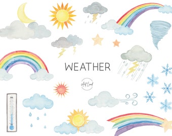 Watercolor Weather Clip Art, Rainbow, Sun Moon Clouds Snow Rain Snow Clipart, Hand Painted PNG Watercolor Graphics, Clip Art, PNG