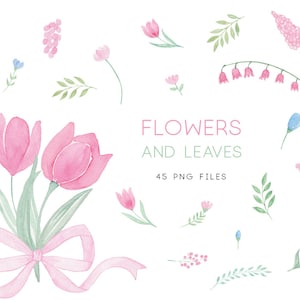 Spring Flowers Clipart, Watercolor Clip Art, Watercolour Clip Art Digital, Flowers Tulips, Pink Blue Flowers, PNG