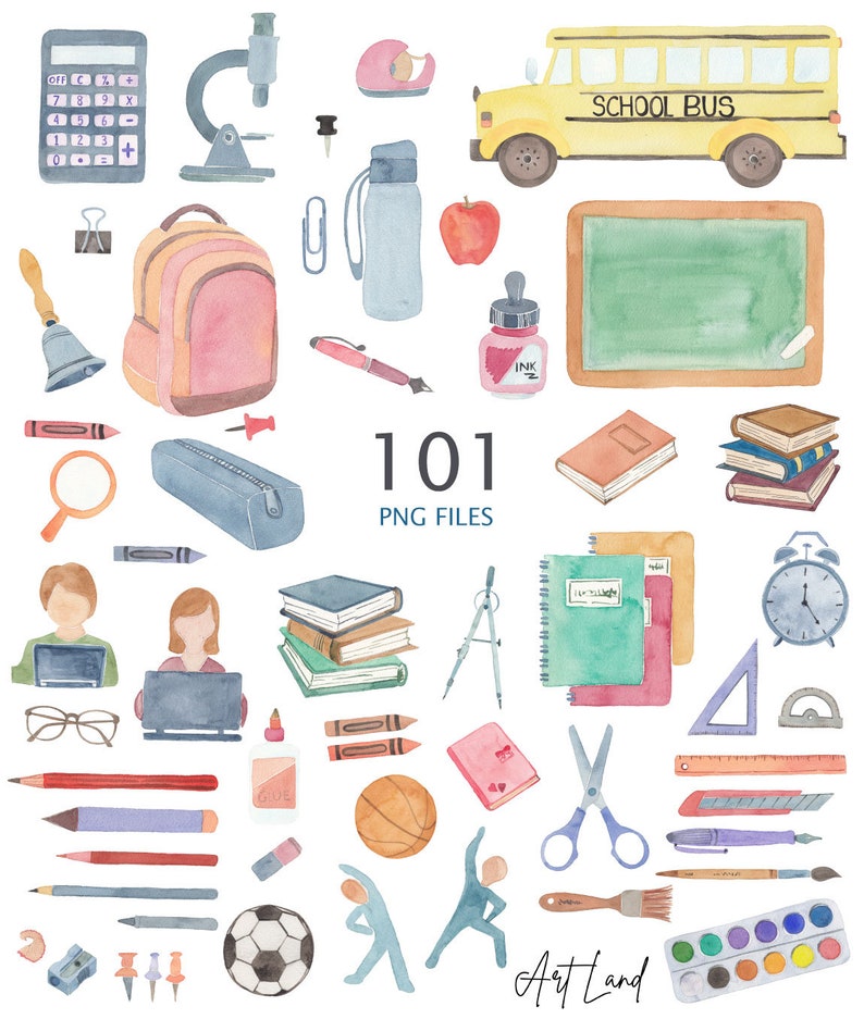 May include: A set of 101 watercolor illustrations of school supplies, including a school bus, a backpack, a magnifying glass, a calculator, a microscope, a pencil, a ruler, a protractor, a compass, a pair of scissors, a paintbrush, a set of paints, a book, a notebook, a pencil case, a bell, a globe, a soccer ball, a basketball, a clock, a chalkboard, a water bottle, an apple, a glue stick, a sharpener, a stapler, a push pin, a pair of glasses, a laptop, and two students sitting at laptops. The illustrations are in a variety of colors, including red, blue, green, yellow, and brown.