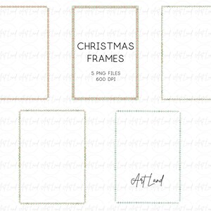 May include: Five digital Christmas frames with a variety of festive designs. The frames are in shades of green, pink, and white. The text "CHRISTMAS FRAMES" is in the center of the image. The text "5 PNG FILES 600 DPI" is below the title.