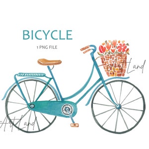 May include: A watercolor illustration of a teal blue bicycle with a brown wicker basket filled with red and orange flowers. The bicycle has a brown saddle and black wheels.