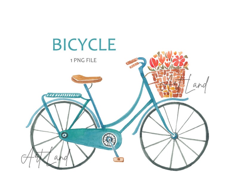 May include: A watercolor illustration of a teal blue bicycle with a brown wicker basket filled with red and orange flowers. The bicycle has a brown saddle and black wheels.
