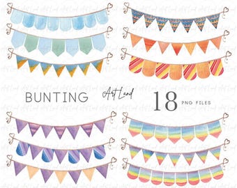 Watercolor Bunting Clipart - 18 Hand-Painted Banners, Birthday Banner Clipart, Watercolour Clipart, Clip Art, PNG Files, Free Commercial Use