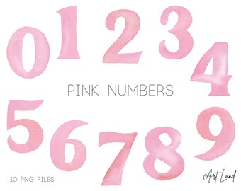 May include: Pink watercolor numbers 0 through 9. The numbers are hand-painted and have a soft, delicate look.  The text "PINK NUMBERS" is written below the numbers.  The text "10 PNG FILES" is written at the bottom of the image.