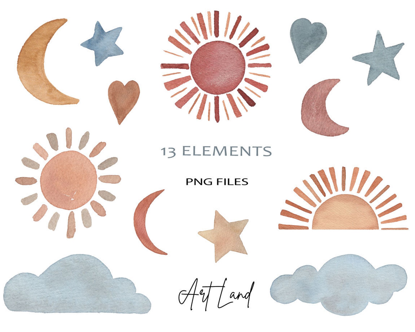 Acuarela Boho Sun Stars Moon Clouds Clipart Boho Elements Etsy