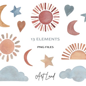 Watercolor Boho Sun Stars Moon Clouds Clipart, Hand painted Boho Elements Watercolour Clipart, Boho decor Clip Art, PNG