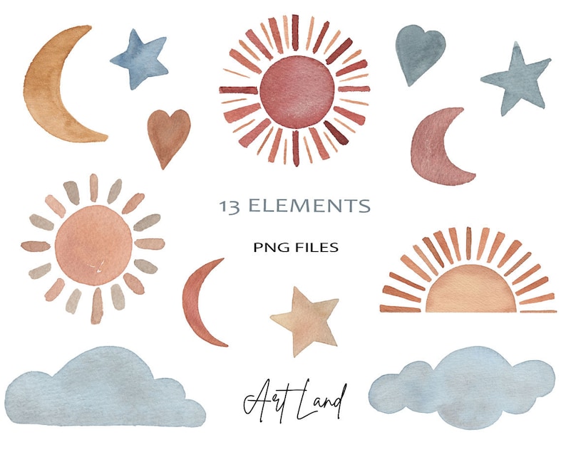 May include: A set of 13 watercolour illustrations featuring sun, moon, stars, and clouds in a boho style. The illustrations are in shades of brown, orange, yellow, blue, and grey. The text "13 ELEMENTS" and "PNG FILES" is included in the image.