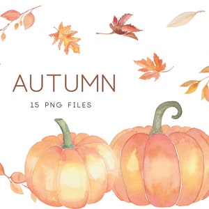 May include: Watercolor illustration of autumn leaves and pumpkins. The illustration includes a wreath of orange and brown leaves, two pumpkins, and a few individual leaves. The text "AUTUMN 15 PNG FILES" is written in brown text.