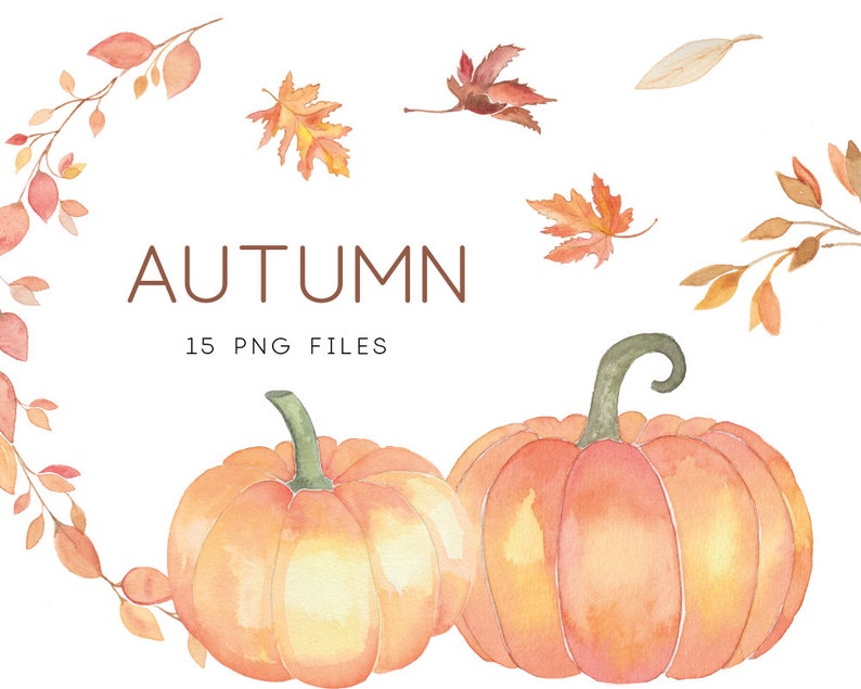 May include: Watercolor illustration of autumn leaves and pumpkins. The illustration includes a wreath of orange and brown leaves, two pumpkins, and a few individual leaves. The text "AUTUMN 15 PNG FILES" is written in brown text.
