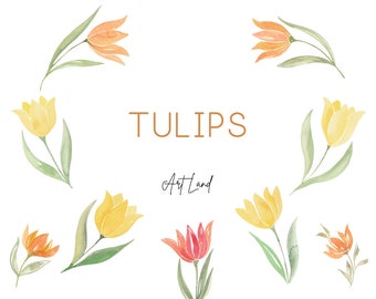 Watercolor Yellow, Orange Tulips Clipart: 9 Hand-Painted Spring Elements (PNG, Digital Download, Free Commercial Use)