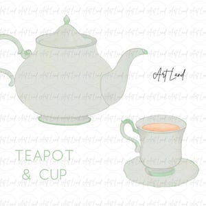 Op de afbeelding: Een aquarel-illustratie van een theepot en een theekopje. De theepot is lichtgroen en heeft een rond lichaam met een tuit en een handvat. Het theekopje is ook lichtgroen en heeft een schoteltje. De tekst "TEAPOT & CUP" staat onder de afbeelding.