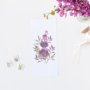 May include: A watercolor painting of a bouquet of purple flowers with green leaves on a white background.