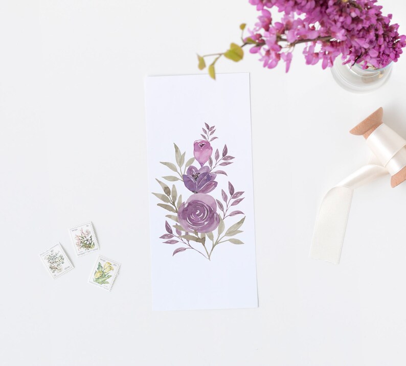 May include: A watercolor painting of a bouquet of purple flowers with green leaves on a white background.