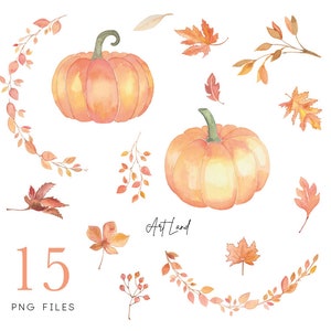 May include: A set of 15 watercolor illustrations featuring pumpkins and autumn leaves in shades of orange, yellow, and red. The illustrations are perfect for adding a touch of fall to your designs.