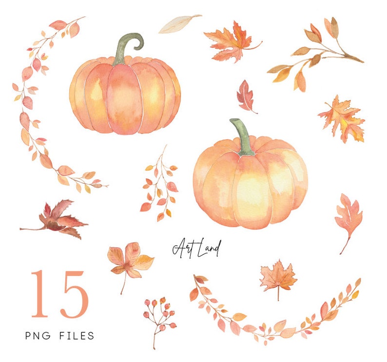 May include: A set of 15 watercolor illustrations featuring pumpkins and autumn leaves in shades of orange, yellow, and red. The illustrations are perfect for adding a touch of fall to your designs.