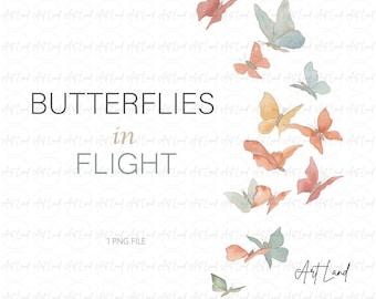 Watercolor Butterflies in Flight Clipart: Hand-Painted Element (PNG, Digital Download, Free Commercial Use, No-AI)