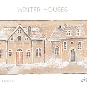 Clipart de casas de Natal em aquarela – 1 cena de inverno pintada à mão PNG para artesanato de férias DIY, cartões, uso comercial gratuito